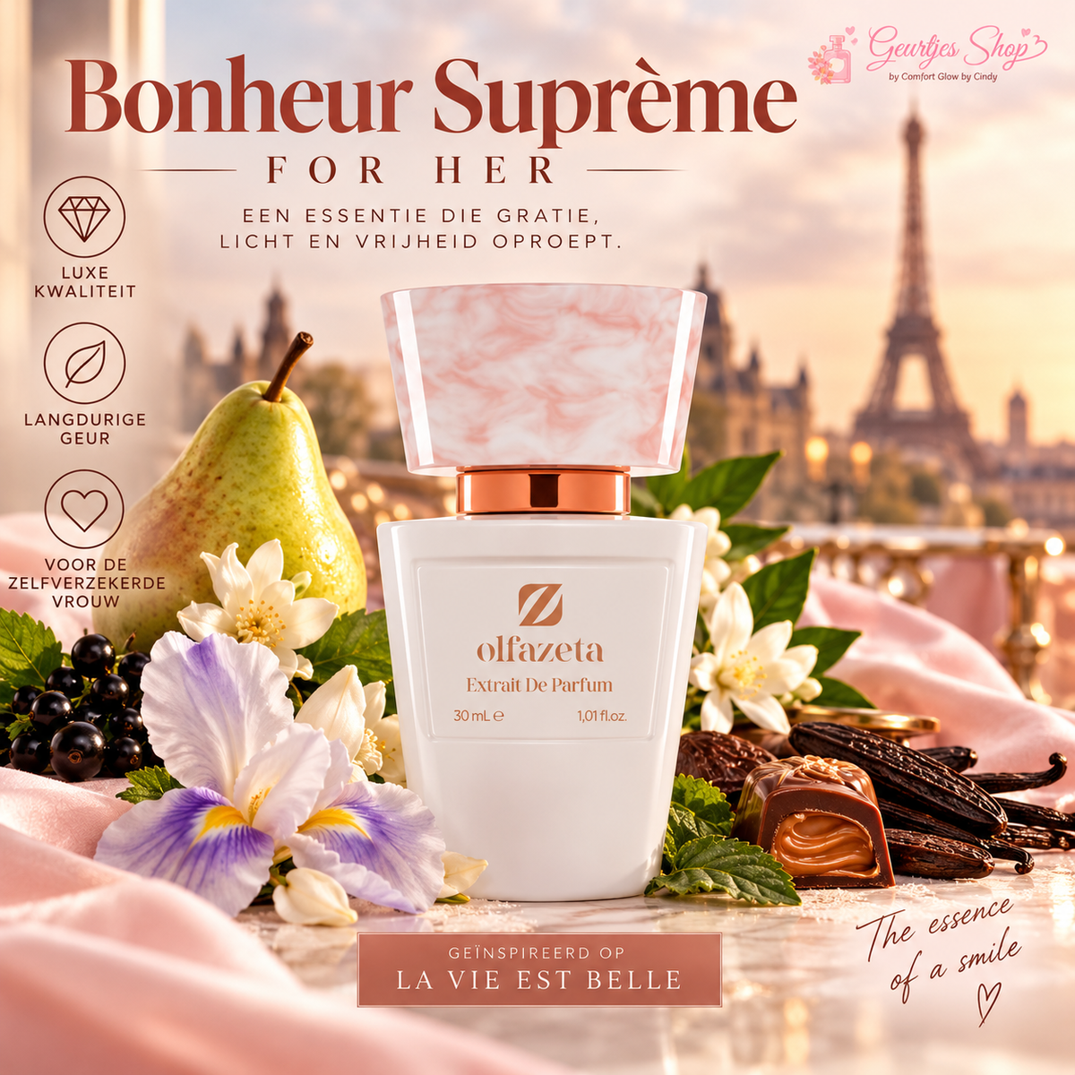 Bonheur Suprème No. 042 damesparfum 30 ml met peer, zwarte bes, iris en vanille, geïnspireerd op La Vie Est Belle