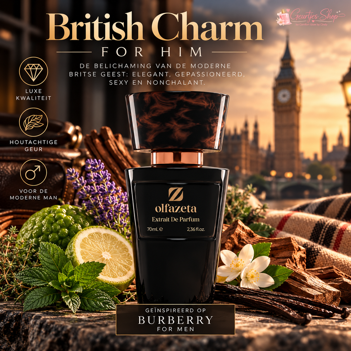 British Charm For Him herenparfum 70 ml met citrus, lavendel en hout, met de Big Ben op de achtergrond
