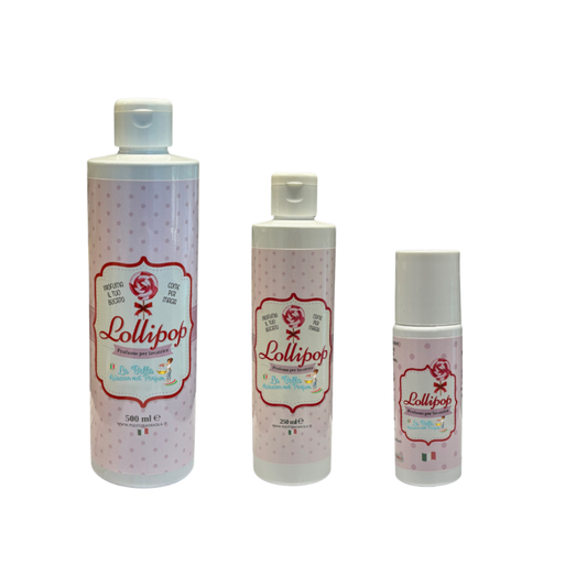 La Bella Lavanderina Wasparfum Lollipop alle drie maten – 500 ml, 250 ml en 30 ml flesjes naast elkaar